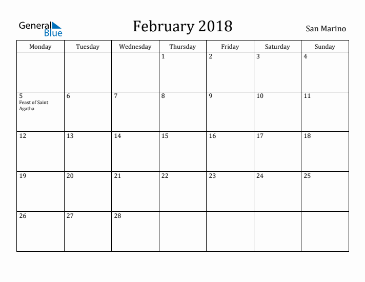 February 2018 Calendar San Marino