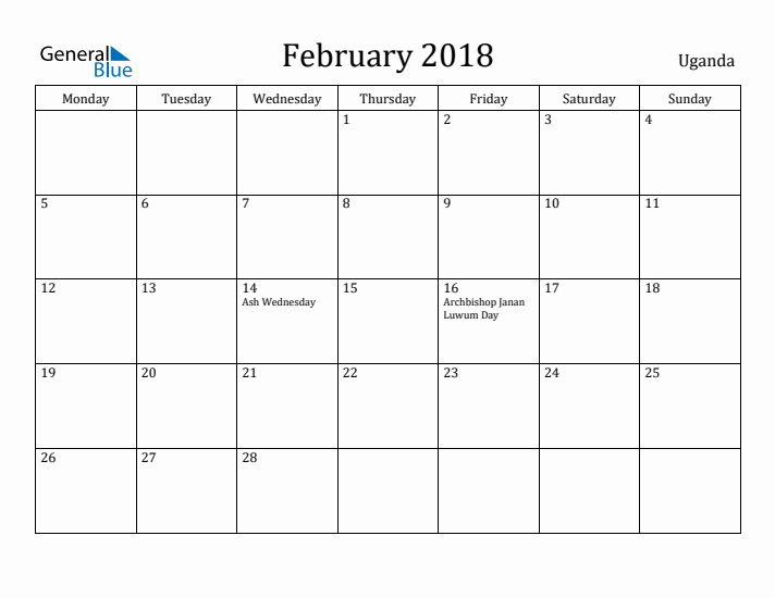 February 2018 Calendar Uganda