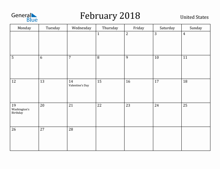 February 2018 Calendar United States