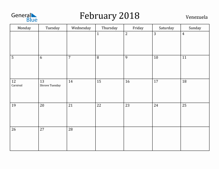 February 2018 Calendar Venezuela