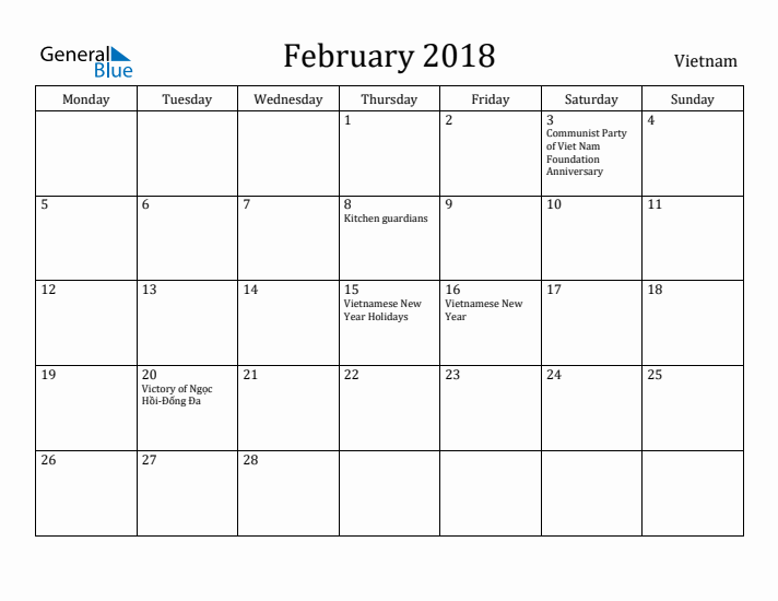February 2018 Calendar Vietnam