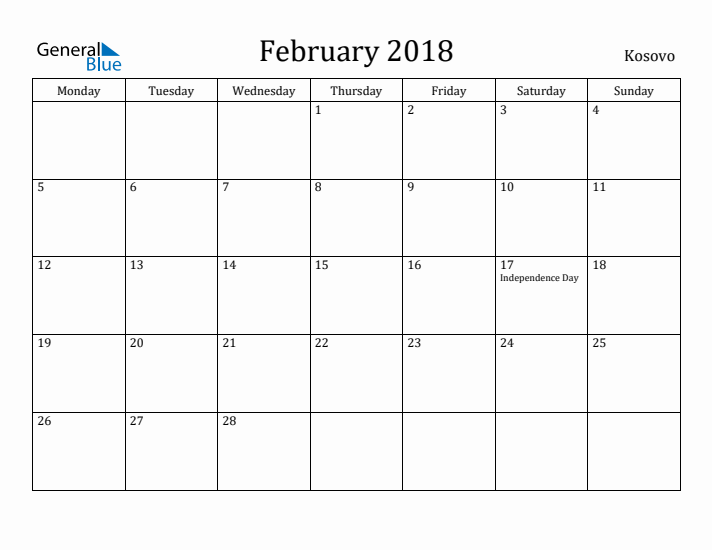 February 2018 Calendar Kosovo