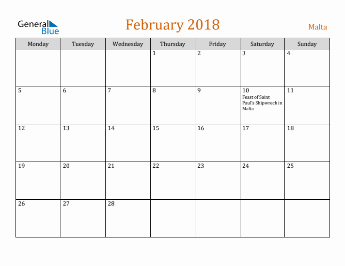 February 2018 Holiday Calendar with Monday Start