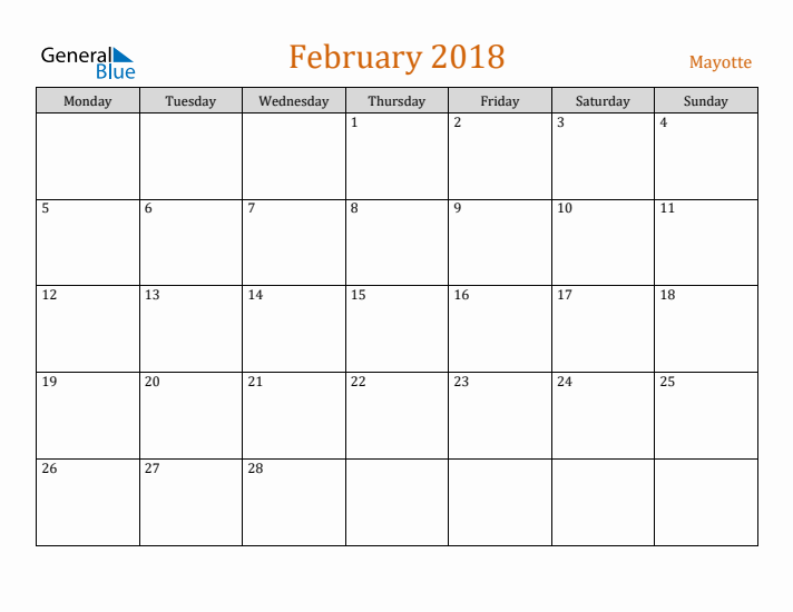 February 2018 Holiday Calendar with Monday Start
