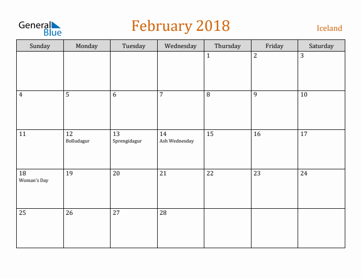 February 2018 Holiday Calendar with Sunday Start