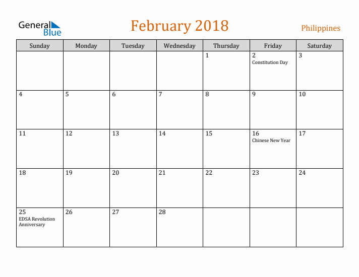 February 2018 Holiday Calendar with Sunday Start