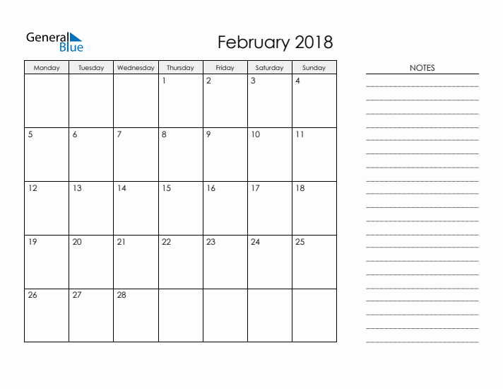 Printable Monthly Calendar with Notes - February 2018