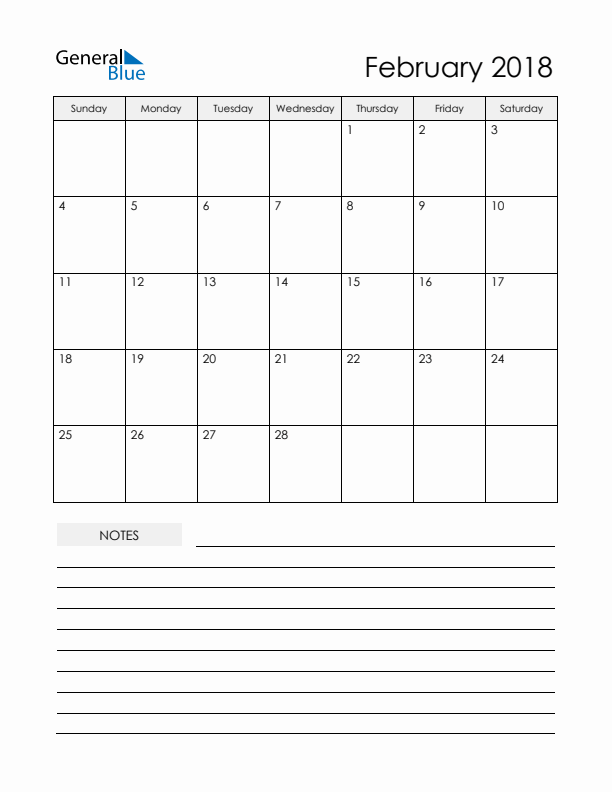 Printable Calendar with Notes - February 2018 