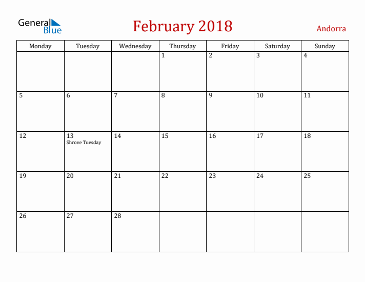 Andorra February 2018 Calendar - Monday Start