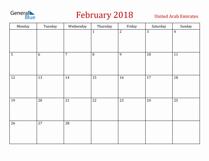 United Arab Emirates February 2018 Calendar - Monday Start
