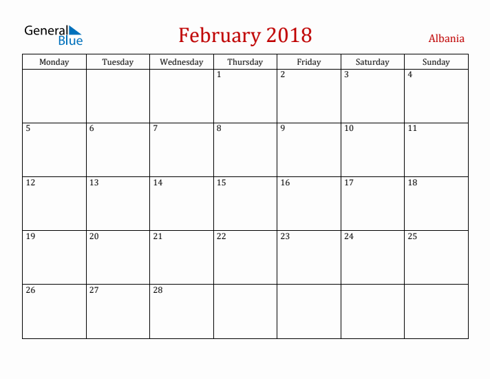 Albania February 2018 Calendar - Monday Start