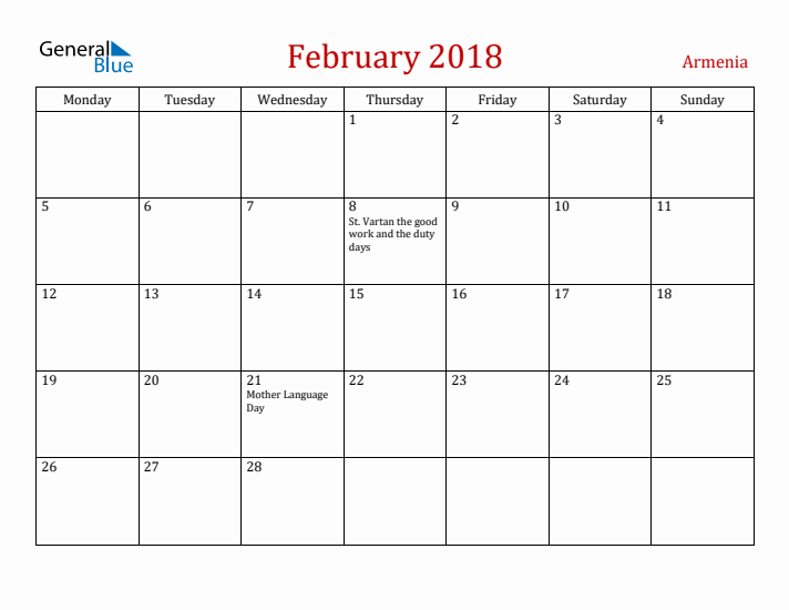 Armenia February 2018 Calendar - Monday Start