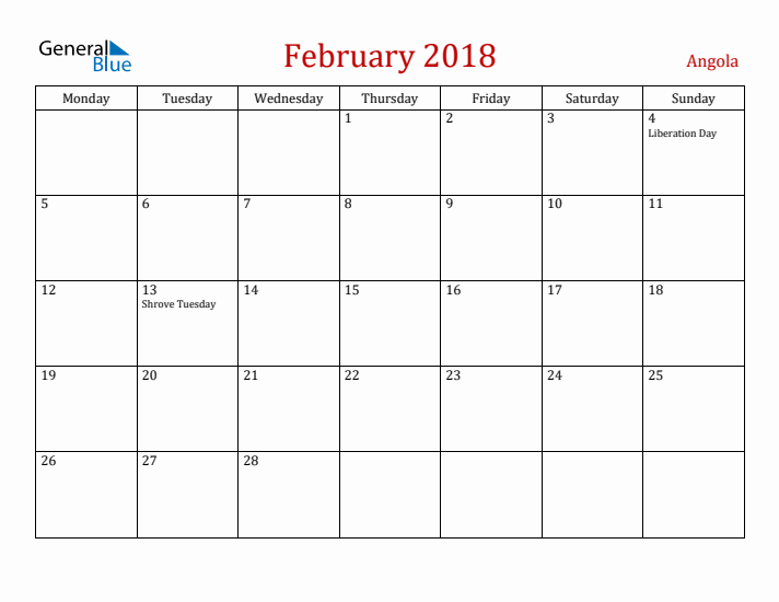 Angola February 2018 Calendar - Monday Start