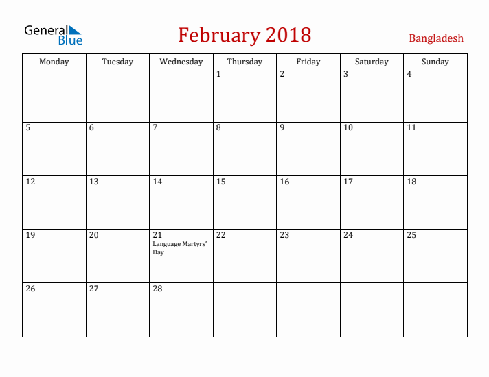 Bangladesh February 2018 Calendar - Monday Start