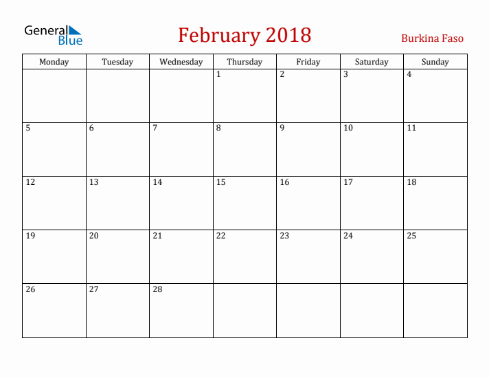 Burkina Faso February 2018 Calendar - Monday Start