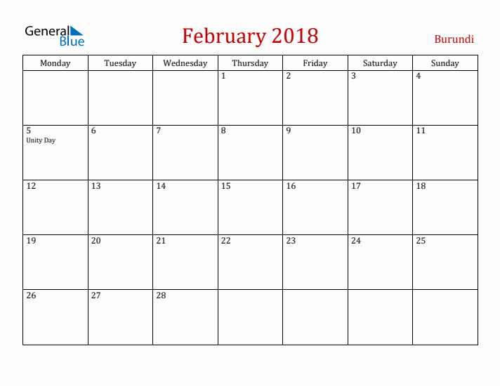 Burundi February 2018 Calendar - Monday Start