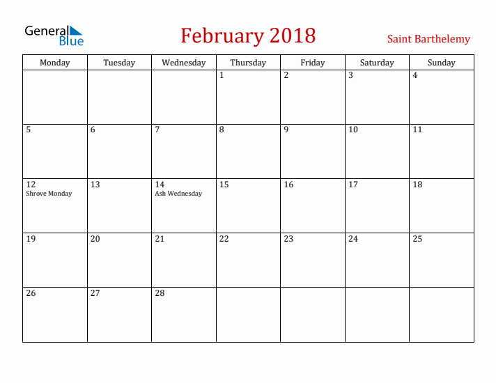 Saint Barthelemy February 2018 Calendar - Monday Start