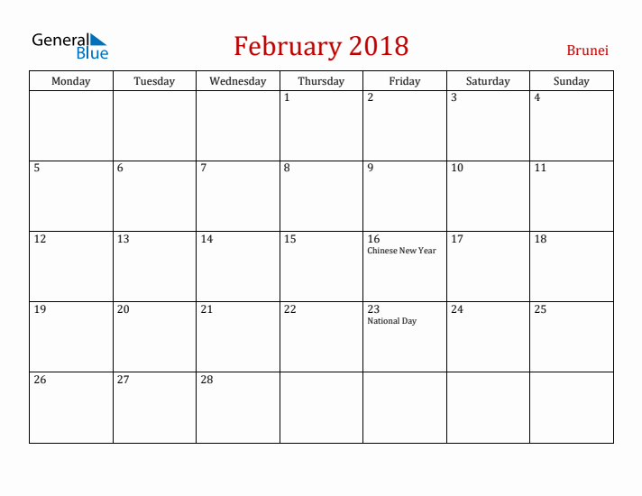 Brunei February 2018 Calendar - Monday Start