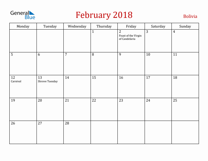 Bolivia February 2018 Calendar - Monday Start