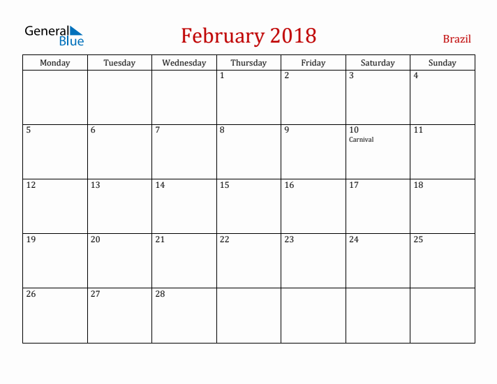 Brazil February 2018 Calendar - Monday Start