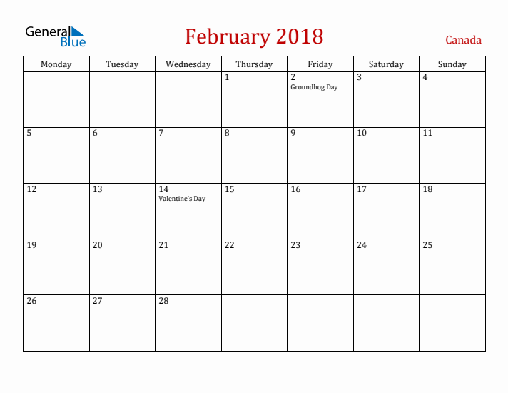 Canada February 2018 Calendar - Monday Start