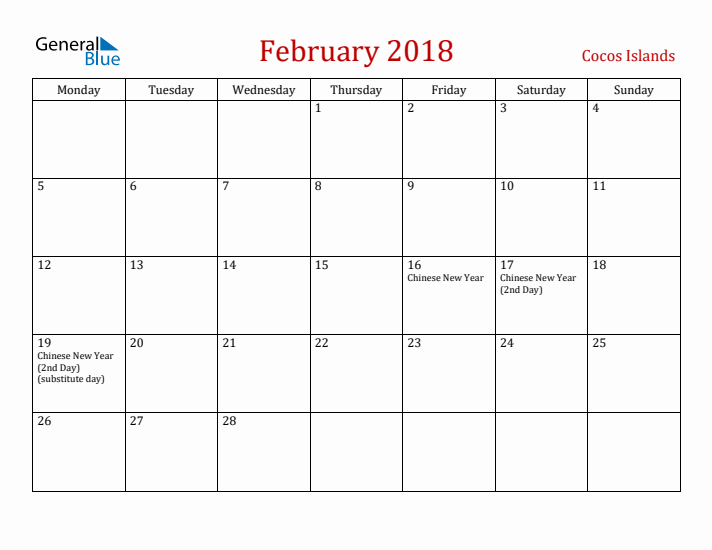 Cocos Islands February 2018 Calendar - Monday Start