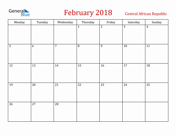 Central African Republic February 2018 Calendar - Monday Start