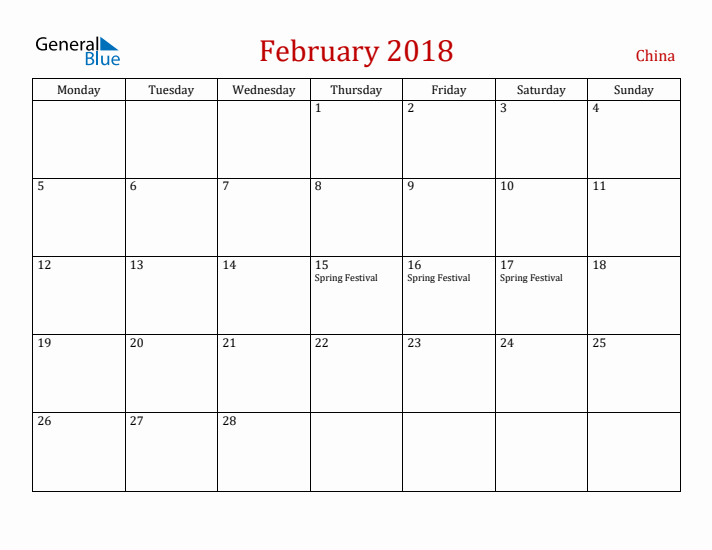 China February 2018 Calendar - Monday Start