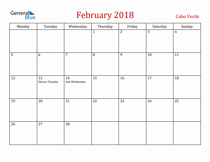 Cabo Verde February 2018 Calendar - Monday Start