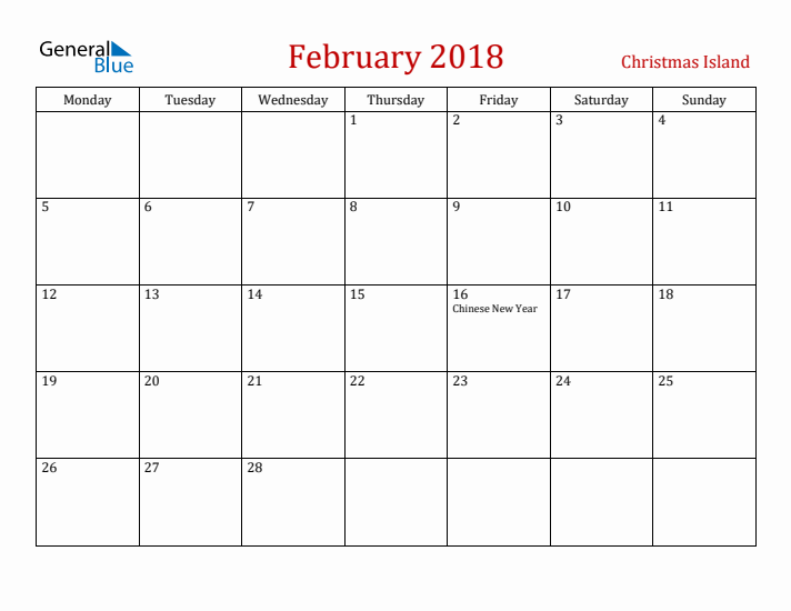 Christmas Island February 2018 Calendar - Monday Start