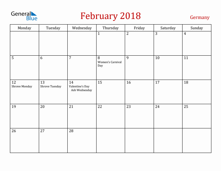 Germany February 2018 Calendar - Monday Start