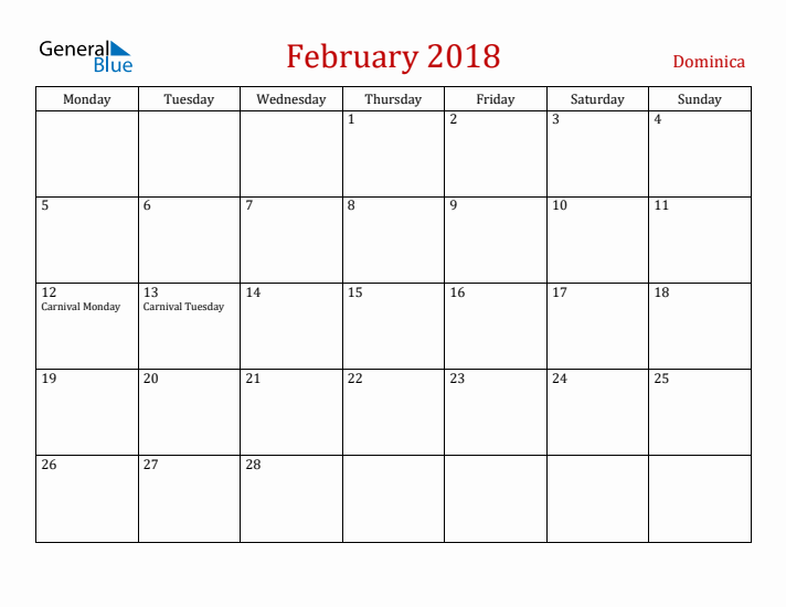 Dominica February 2018 Calendar - Monday Start