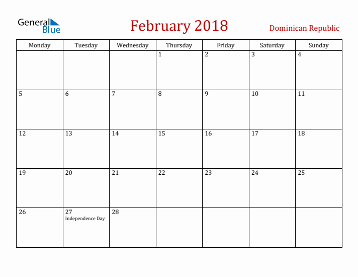 Dominican Republic February 2018 Calendar - Monday Start
