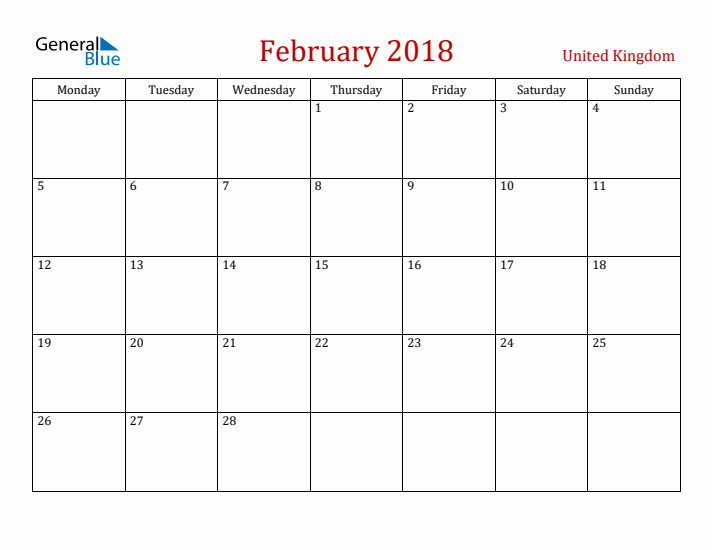 United Kingdom February 2018 Calendar - Monday Start