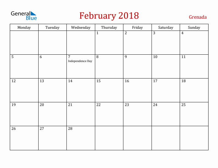 Grenada February 2018 Calendar - Monday Start