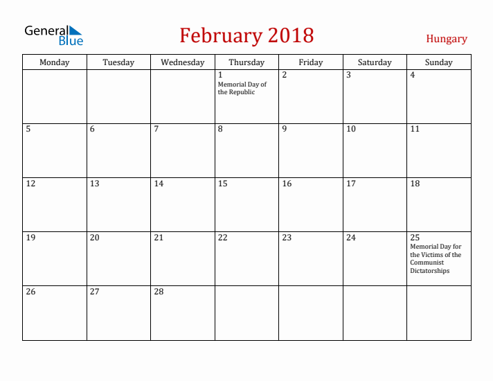 Hungary February 2018 Calendar - Monday Start