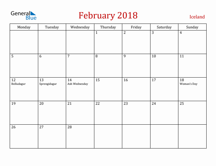 Iceland February 2018 Calendar - Monday Start