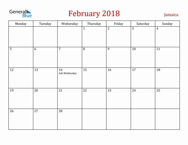 Jamaica February 2018 Calendar - Monday Start
