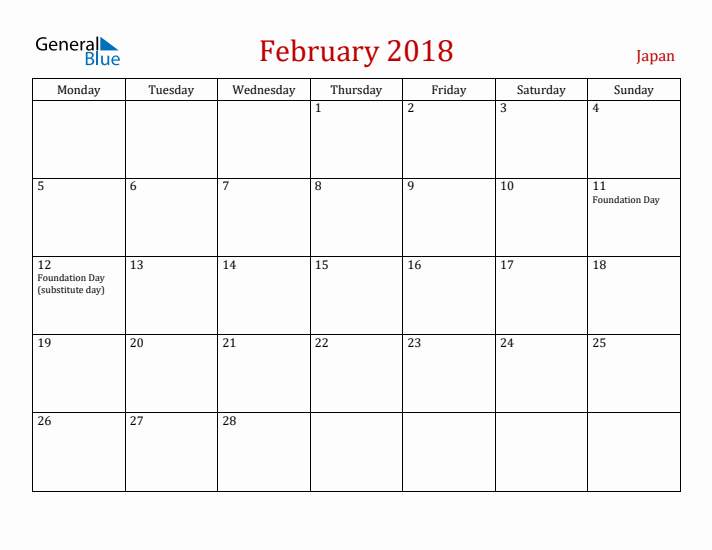 Japan February 2018 Calendar - Monday Start