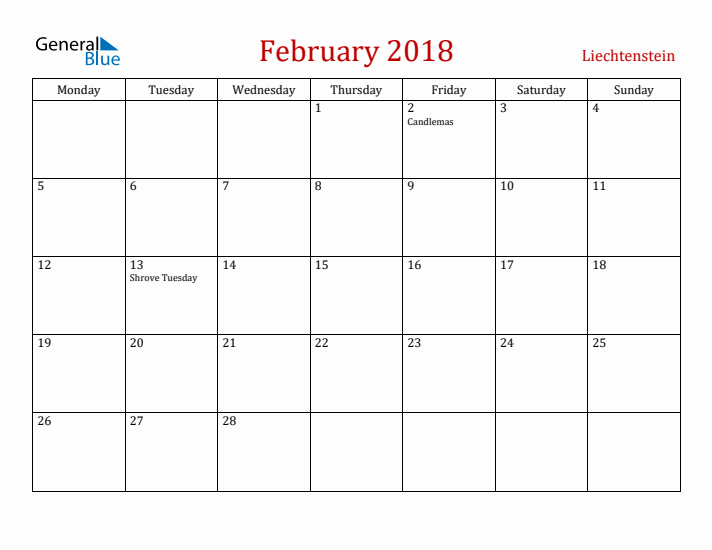 Liechtenstein February 2018 Calendar - Monday Start