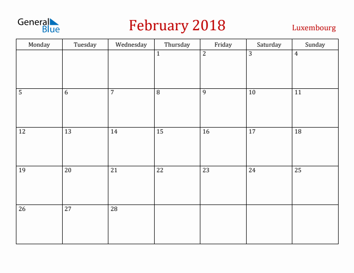 Luxembourg February 2018 Calendar - Monday Start