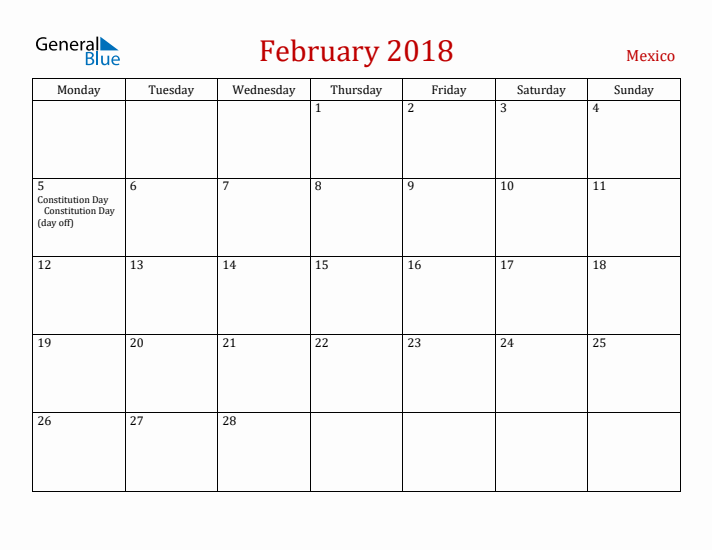 Mexico February 2018 Calendar - Monday Start