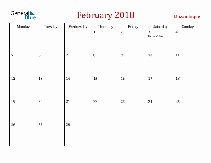 Mozambique February 2018 Calendar - Monday Start