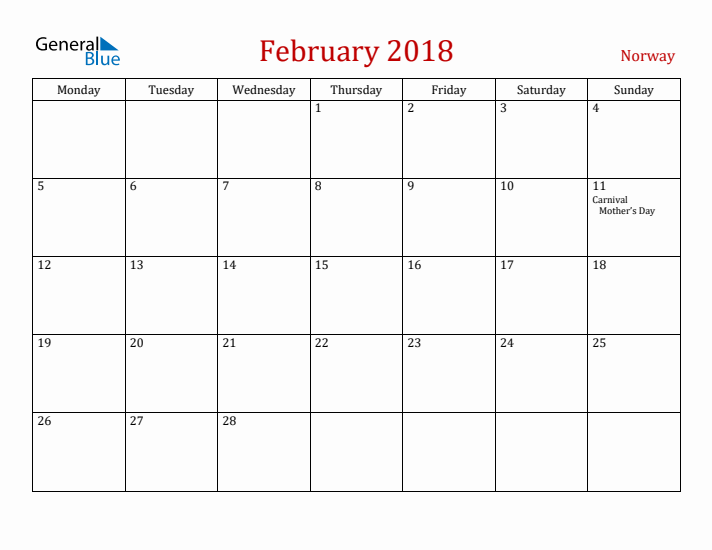 Norway February 2018 Calendar - Monday Start