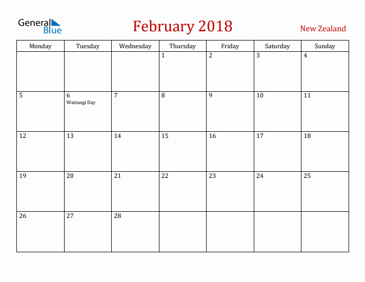 New Zealand February 2018 Calendar - Monday Start