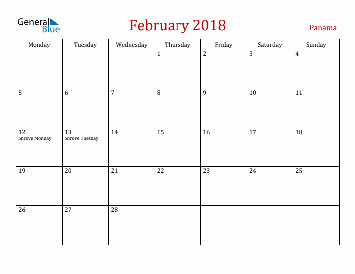 Panama February 2018 Calendar - Monday Start