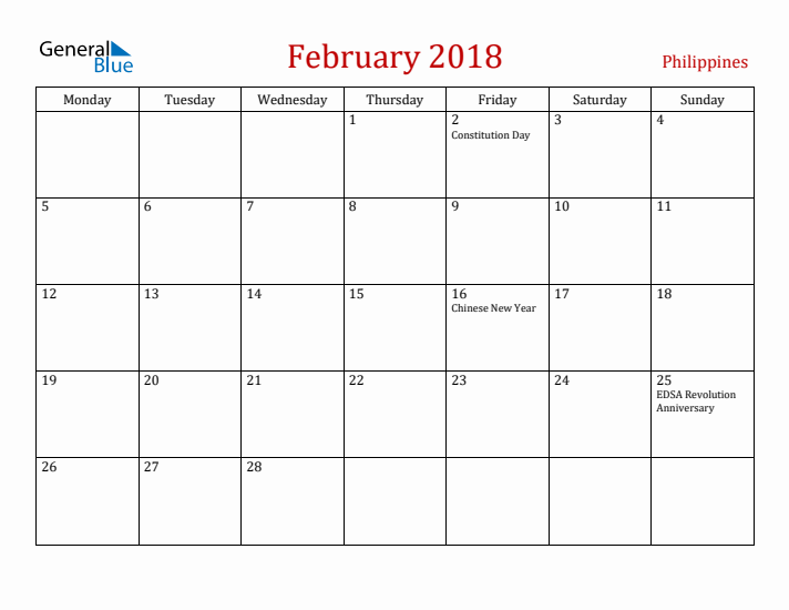 Philippines February 2018 Calendar - Monday Start
