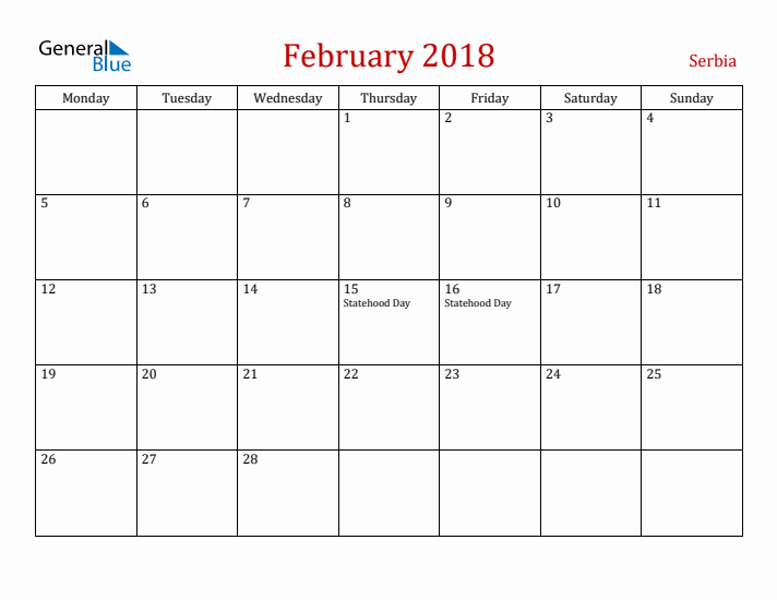 Serbia February 2018 Calendar - Monday Start