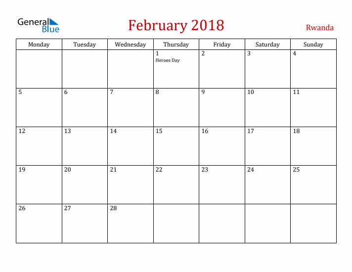 Rwanda February 2018 Calendar - Monday Start