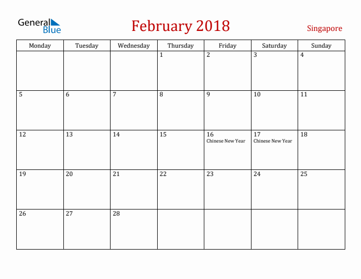 Singapore February 2018 Calendar - Monday Start